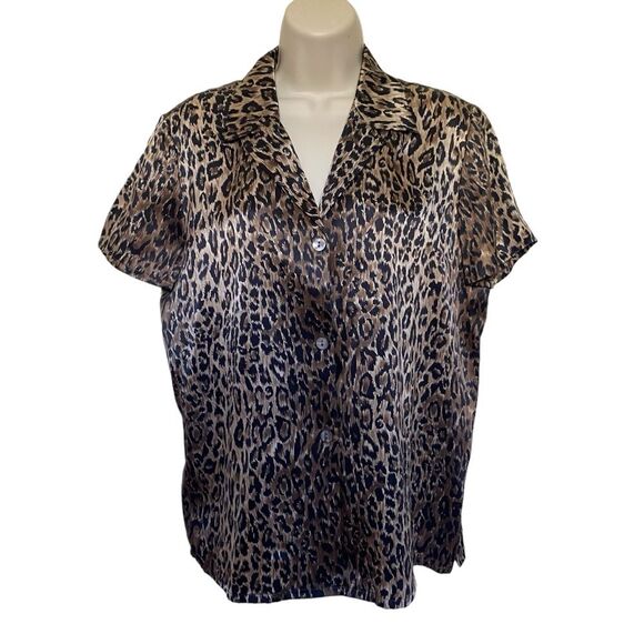 Vintage City Silk 100% Silk Leopard Print Button Front Blouse Short Sleeve Sz L - Picture 3 of 11